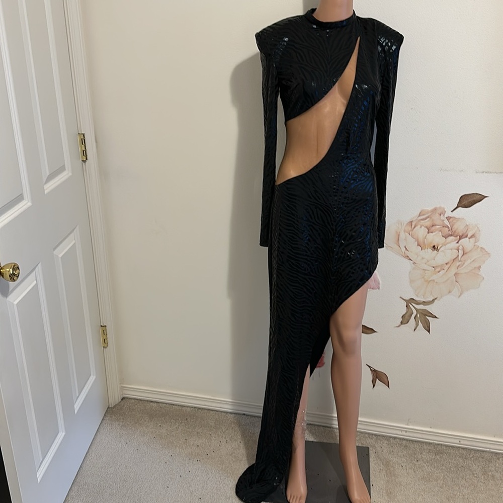 NEW Bronx and Banco Ricky Zebra Gown in Black mesh sheer cutout long sleeve - Picture 2 of 11